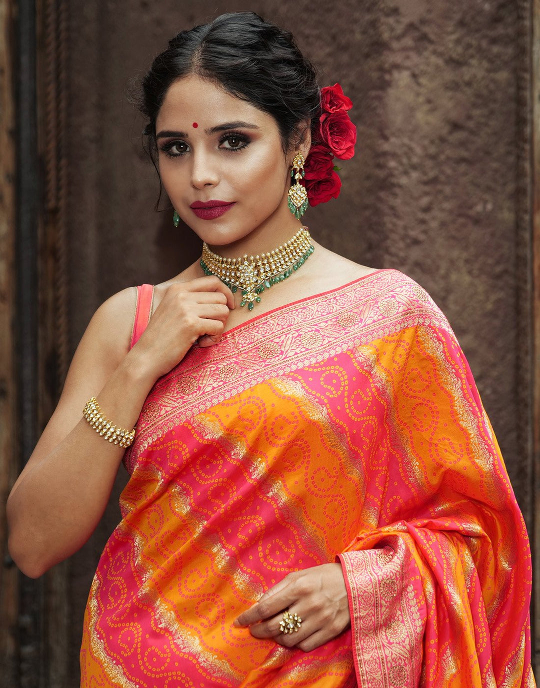 Banarasi Silk Saree with Bandhej look