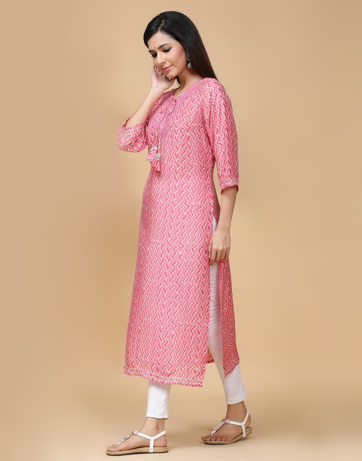Printed Cotton Muslin Kurti With Yoke Work