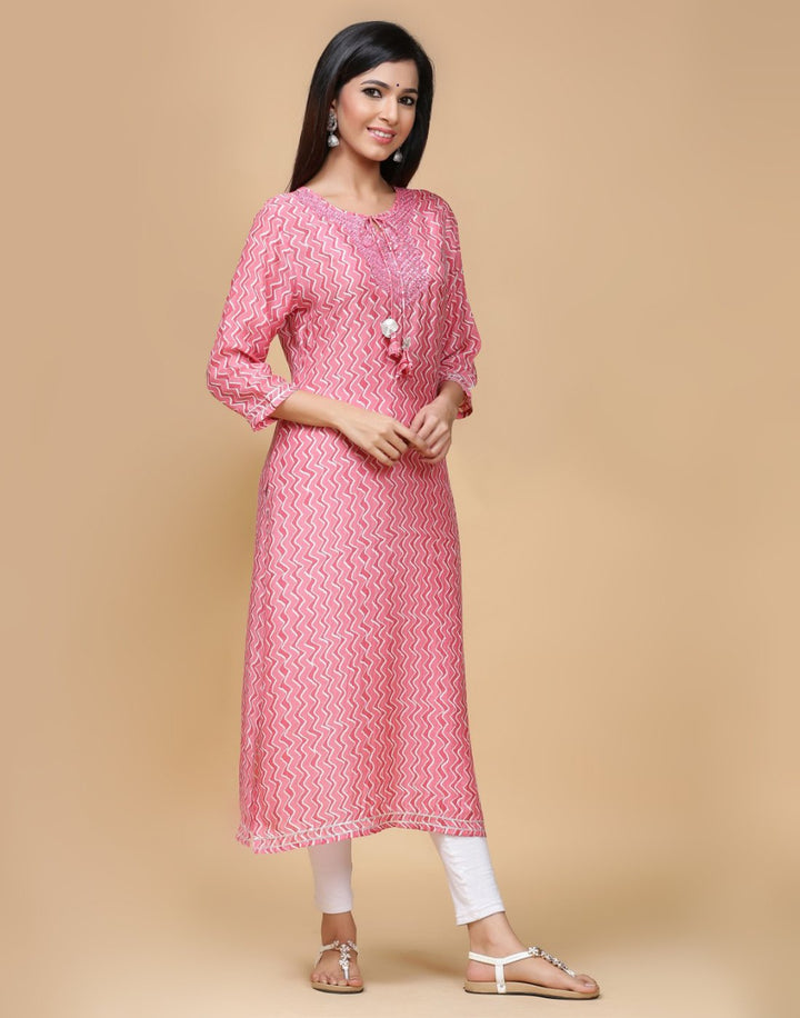Printed Cotton Muslin Kurti With Yoke Work