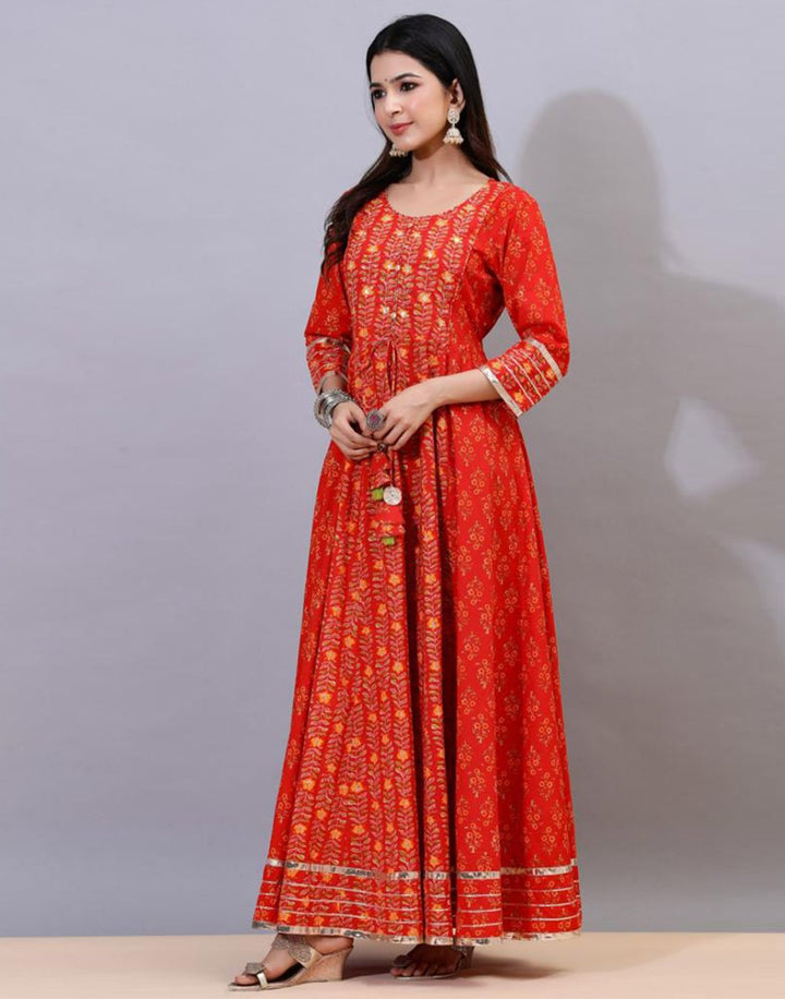 Printed Cotton Anarkali Gota Trim Kurti