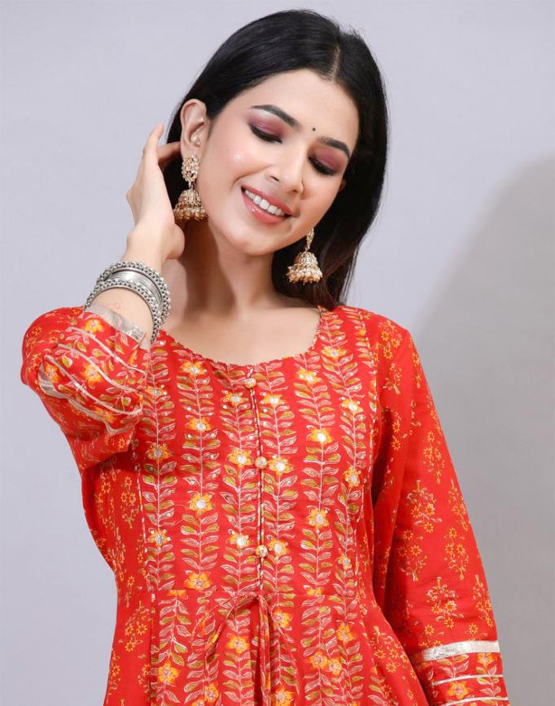 Printed Cotton Anarkali Gota Trim Kurti