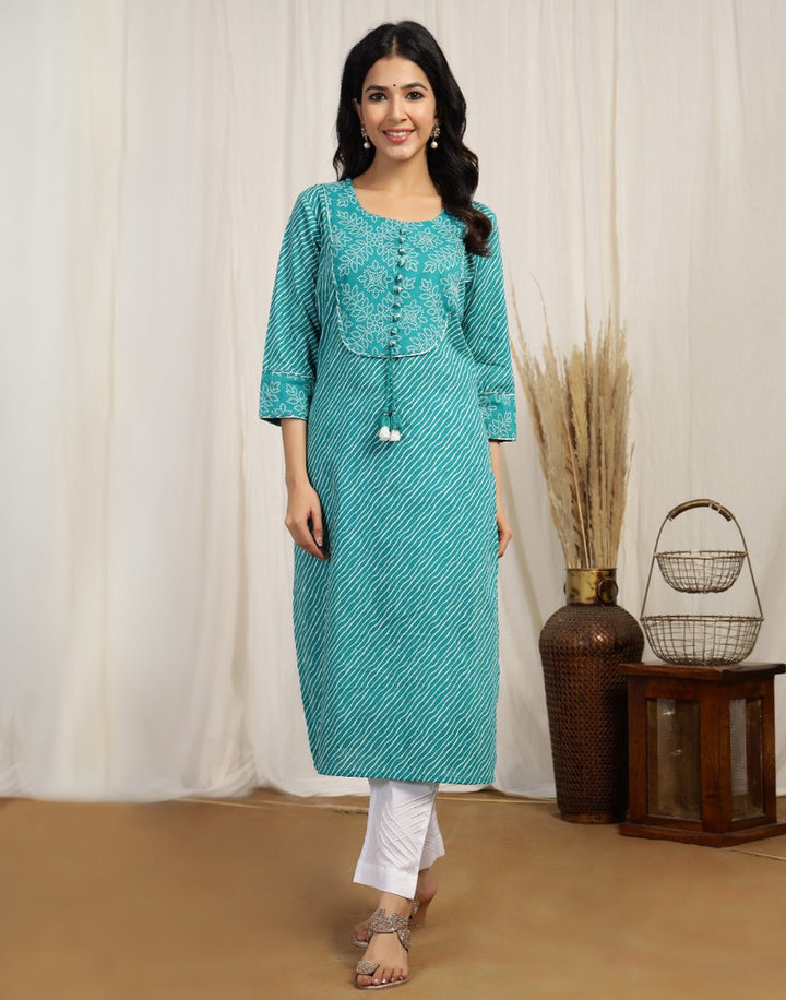 Leheriya Print Cotton Kurti Yoke Detail