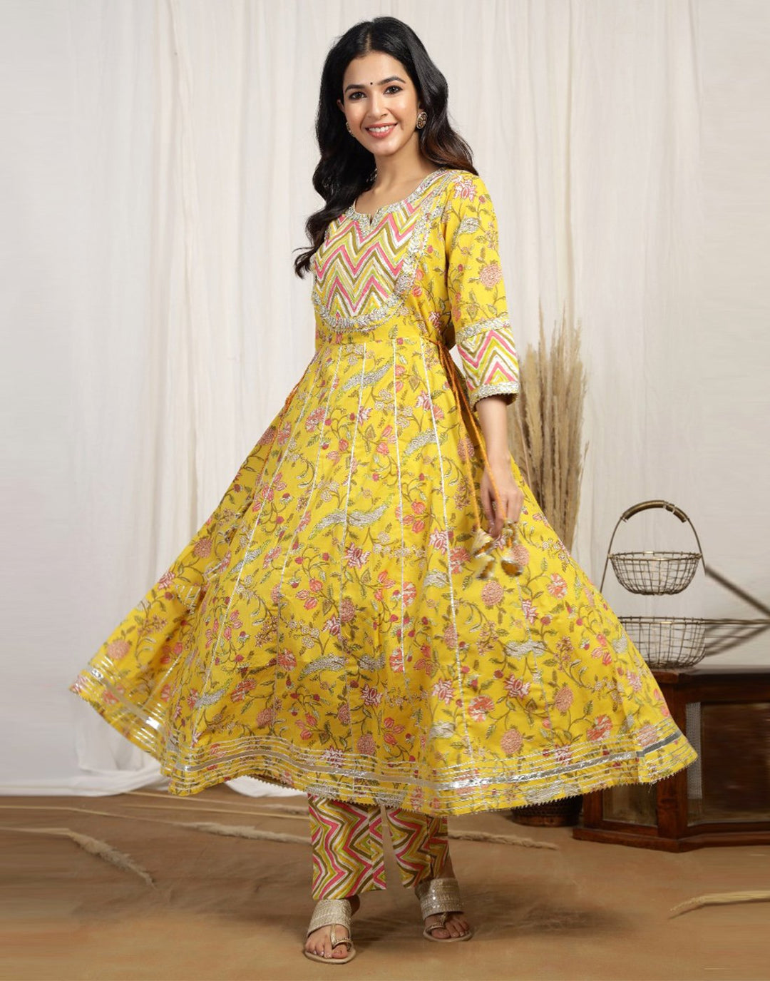 Cotton Printed Anarkali Kurti Pant Set with Yoke Detail