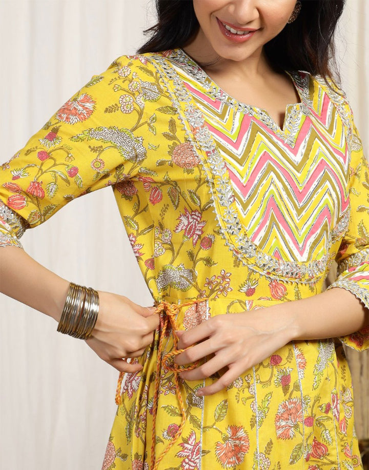 Cotton Printed Anarkali Kurti Pant Set with Yoke Detail