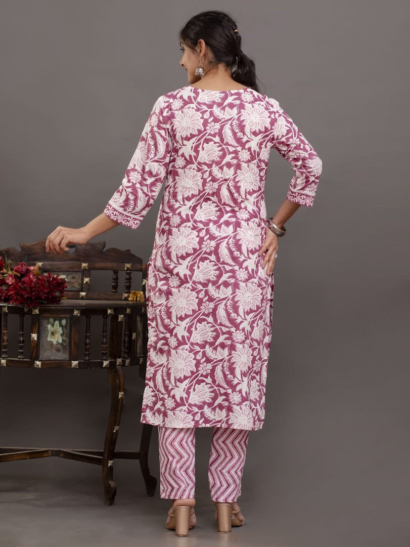Floral Printed Cotton Kurta With Pants &amp; Dupatta