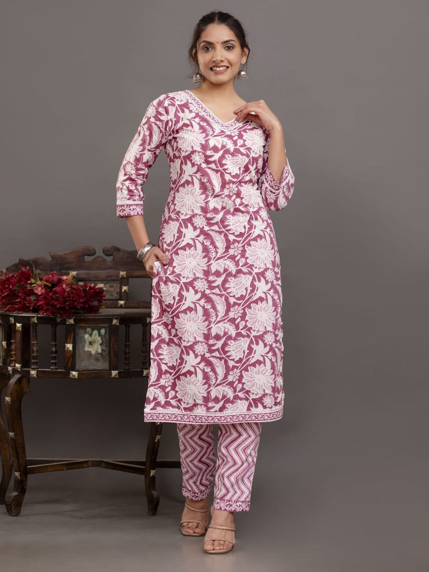 Floral Printed Cotton Kurta With Pants & Dupatta