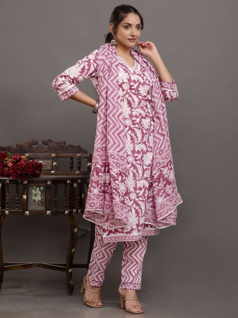 Floral Printed Cotton Kurta With Pants & Dupatta