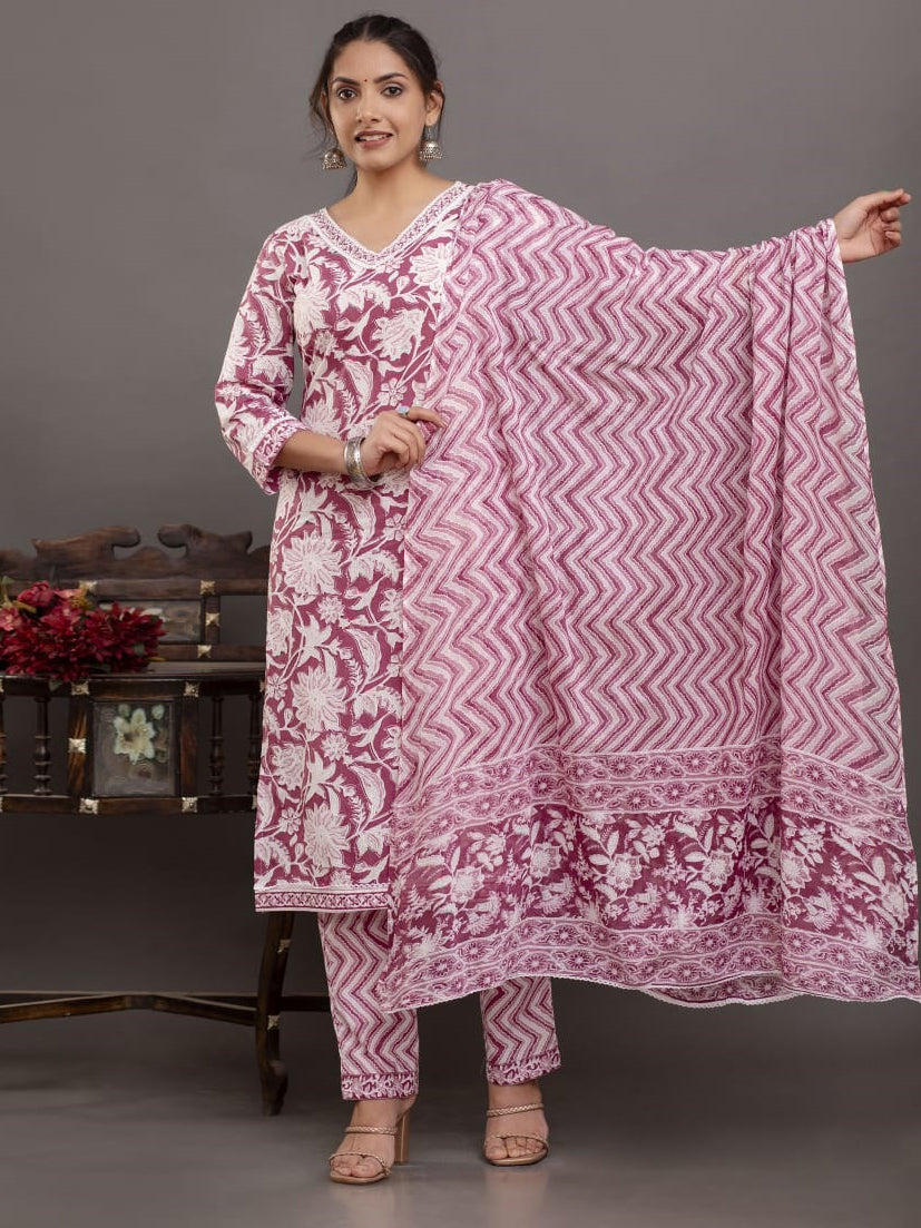 Floral Printed Cotton Kurta With Pants &amp; Dupatta