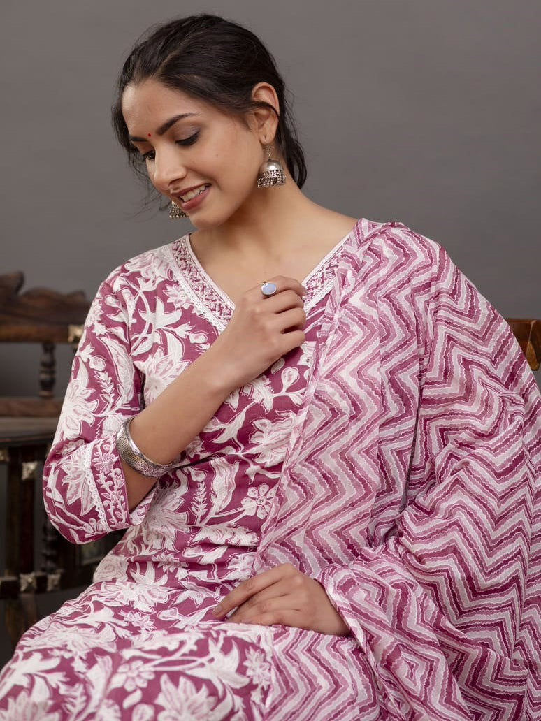 Floral Printed Cotton Kurta With Pants &amp; Dupatta