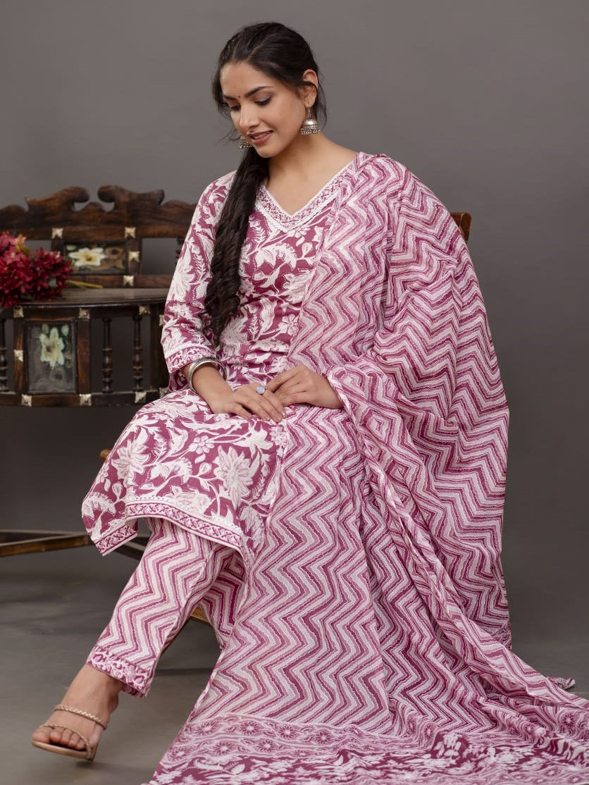Floral Printed Cotton Kurta With Pants &amp; Dupatta