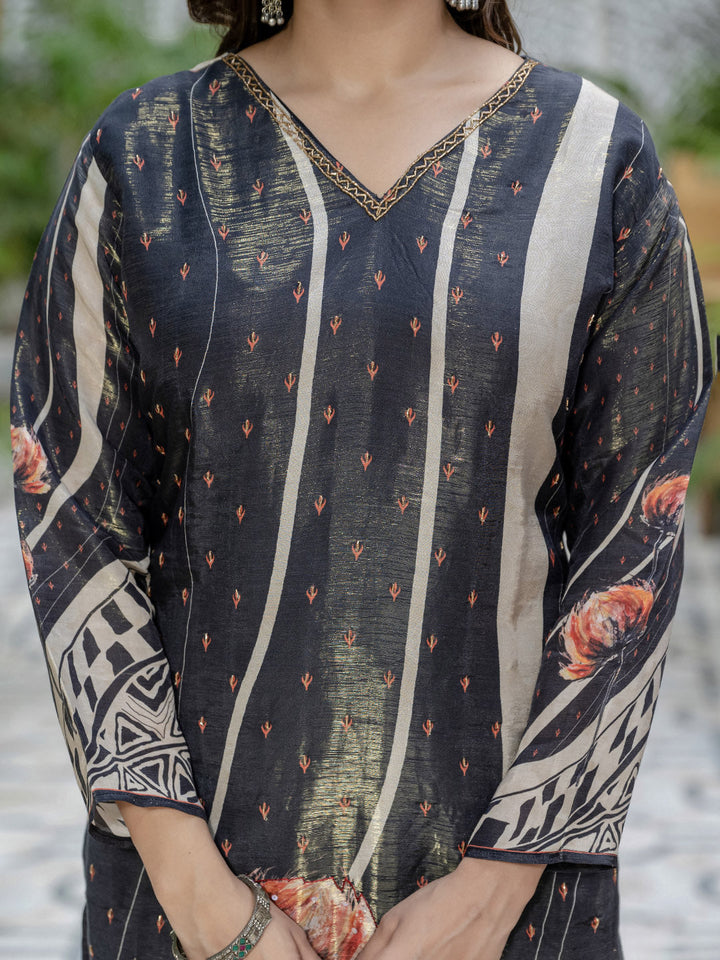 Printed Embroidered Art Silk Kurta With Pants &amp; Dupatta