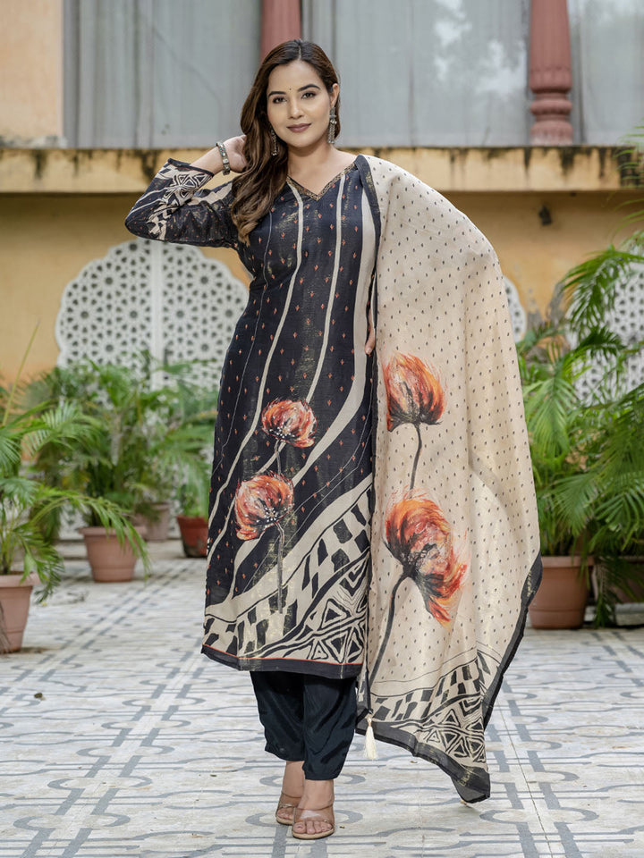 Printed Embroidered Art Silk Kurta With Pants &amp; Dupatta