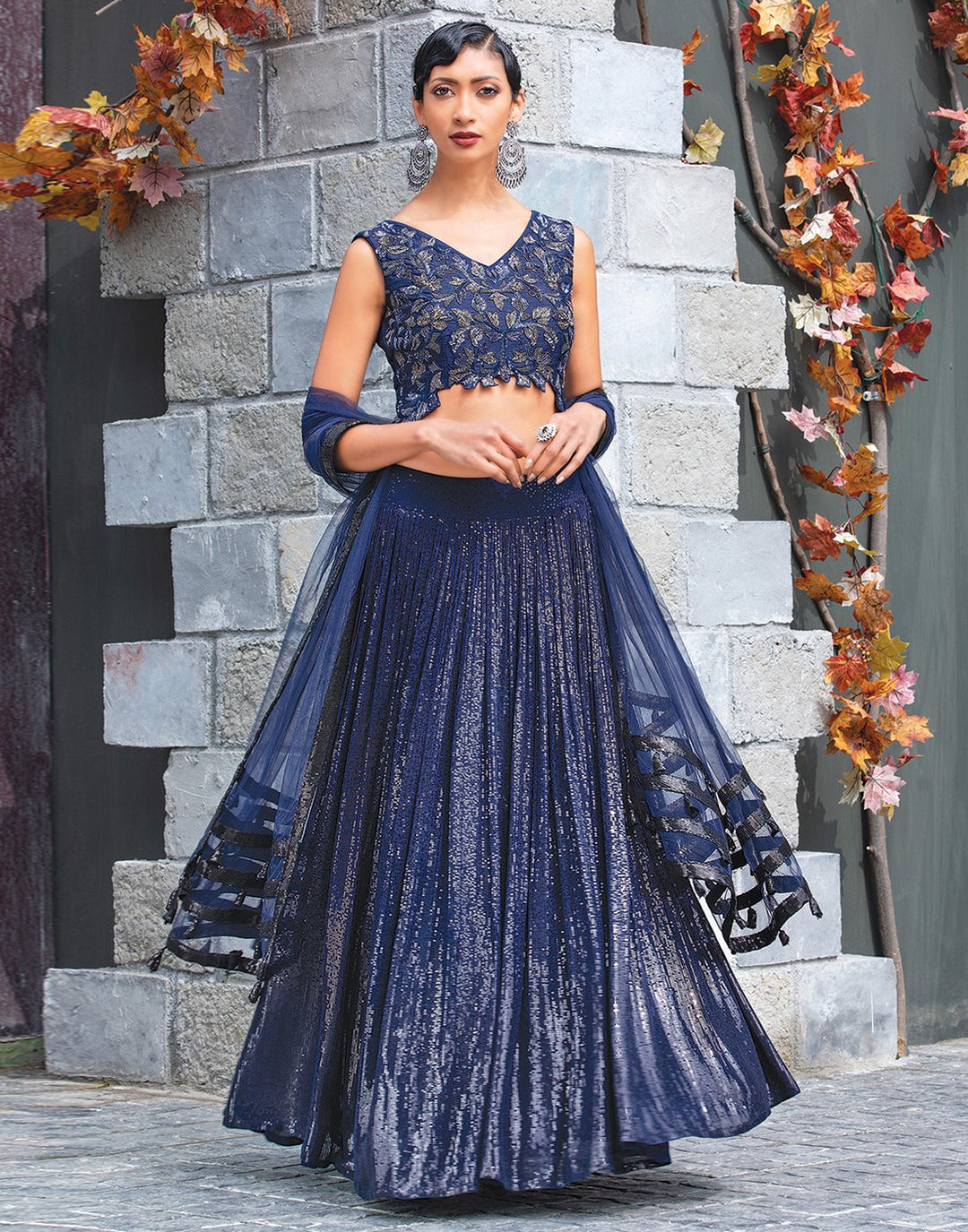 MBZ Meena Bazaar-Elegant Navy blue Stitched Gergette Lehenga