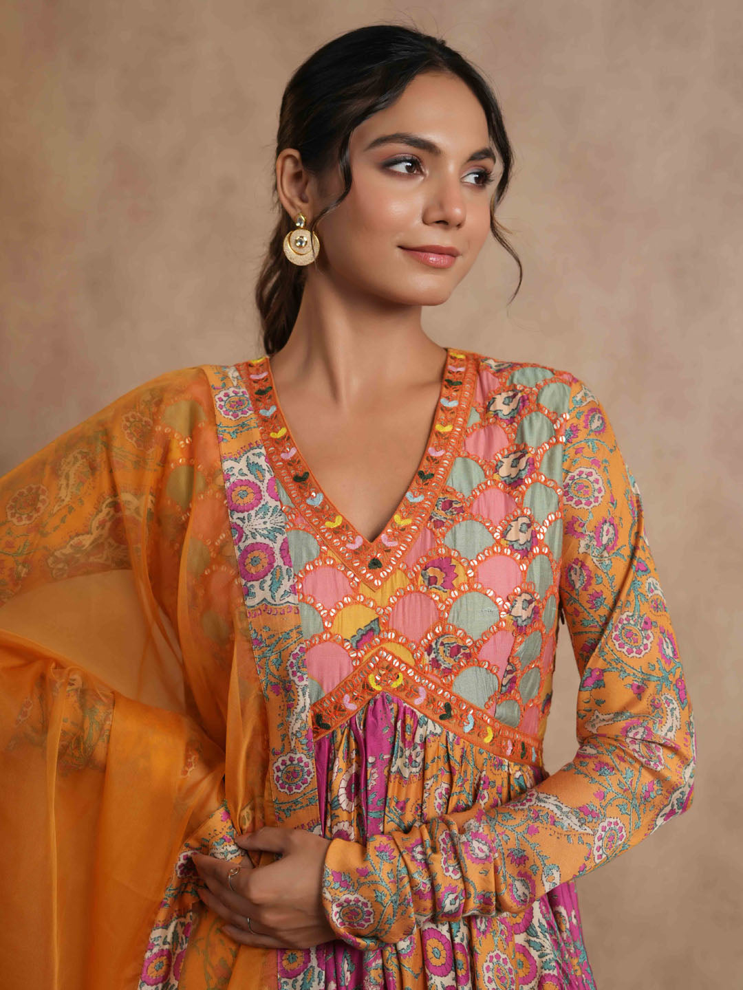 Floral Printed Cotton Anarkali Kurta With Legging And Dupatta