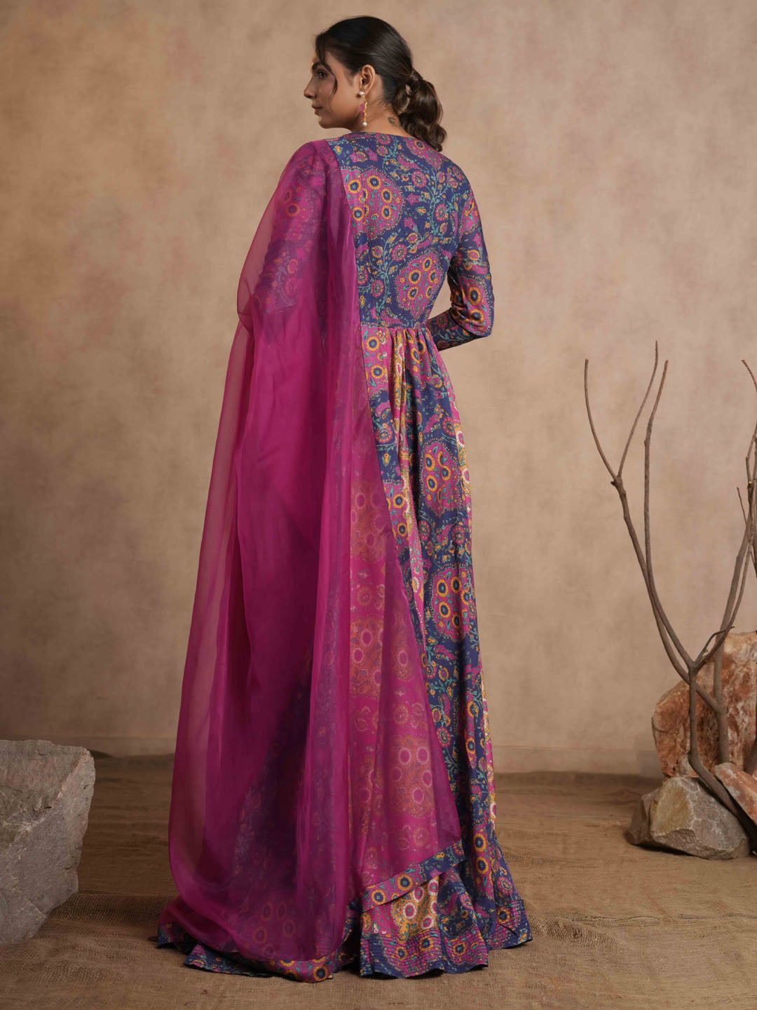 Floral Printed Cotton Anarkali Kurta With Legging And Dupatta