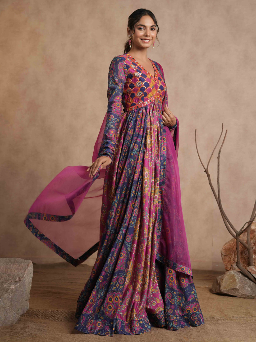 Floral Printed Cotton Anarkali Kurta With Legging And Dupatta