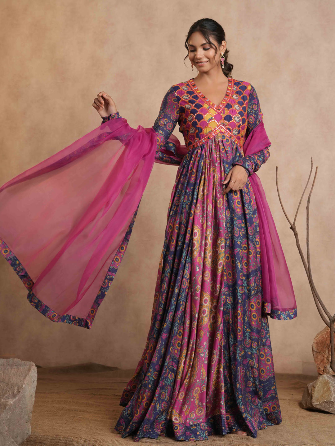 Floral Printed Cotton Anarkali Kurta With Legging And Dupatta