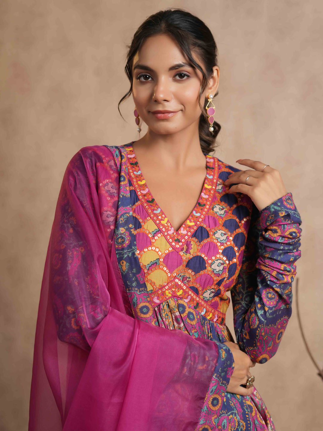 Floral Printed Cotton Anarkali Kurta With Legging And Dupatta