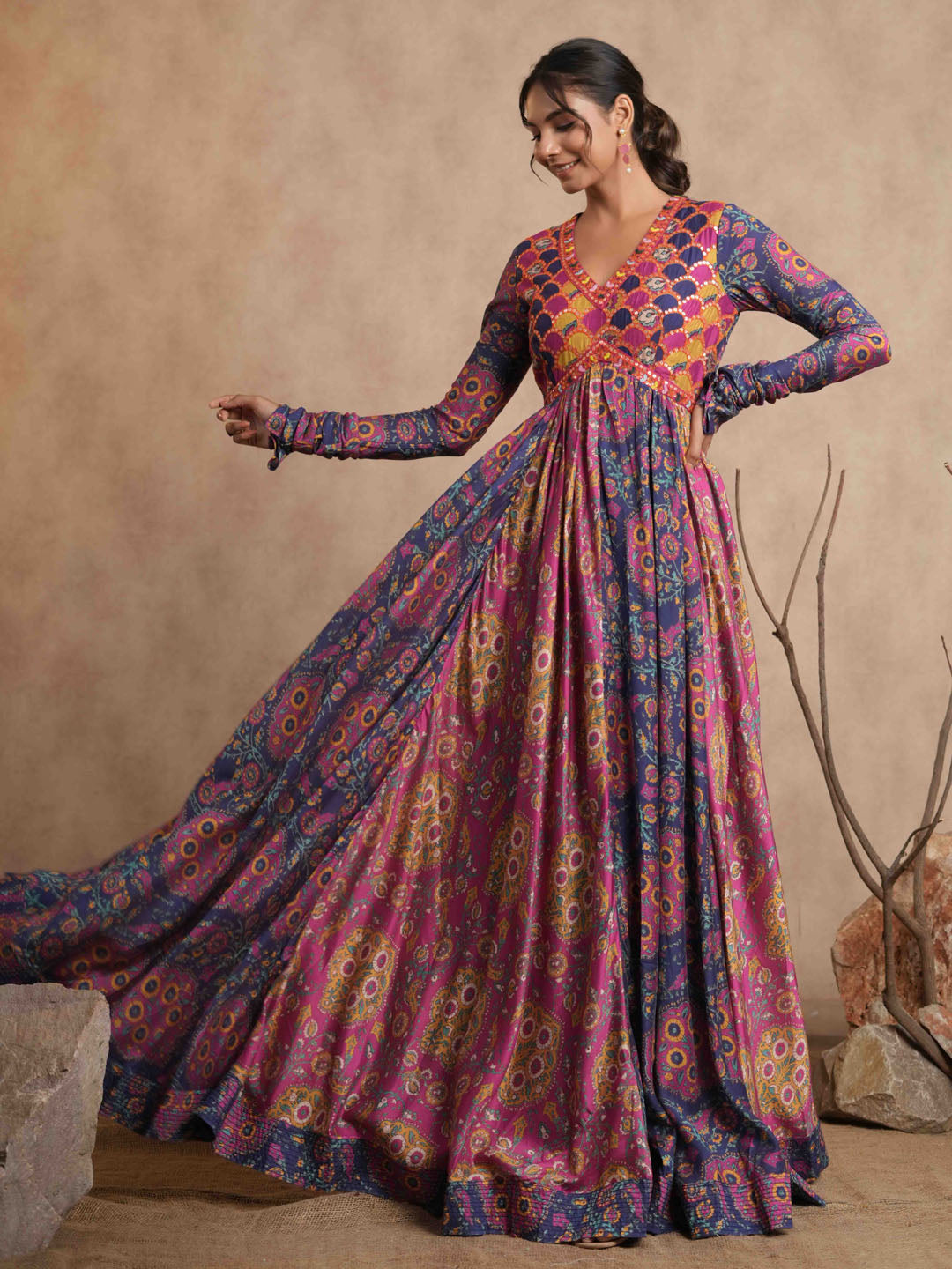 Floral Printed Cotton Anarkali Kurta With Legging And Dupatta