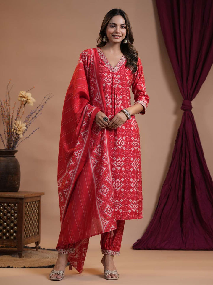 Floral Printed Cotton Kurta With Pants &amp; Dupatta