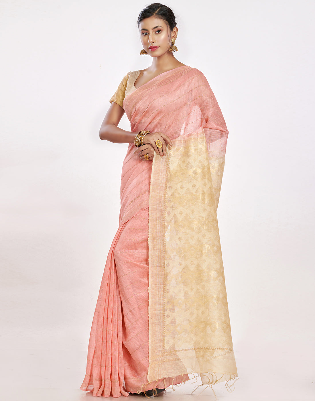 MBZ Meena Bazaar-Cotton Linen Saree With Embroidery