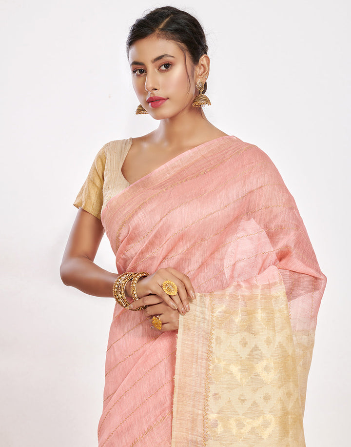 MBZ Meena Bazaar-Cotton Linen Saree With Embroidery
