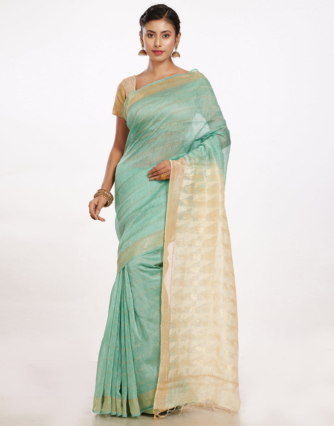 MBZ Meena Bazaar-Cotton Linen Saree With Embroidery