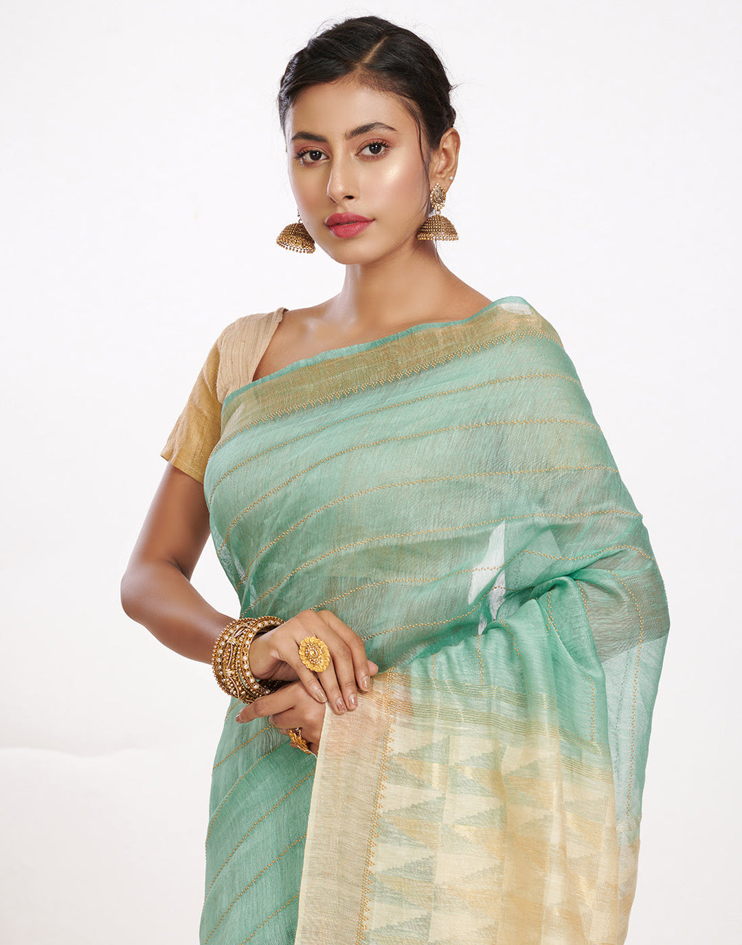 MBZ Meena Bazaar-Cotton Linen Saree With Embroidery
