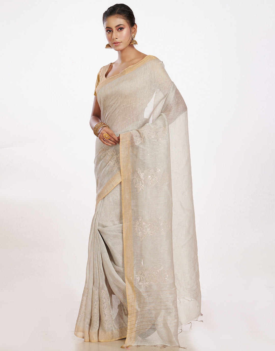 MBZ Meena Bazaar-Cotton Linen Saree With Embroidery