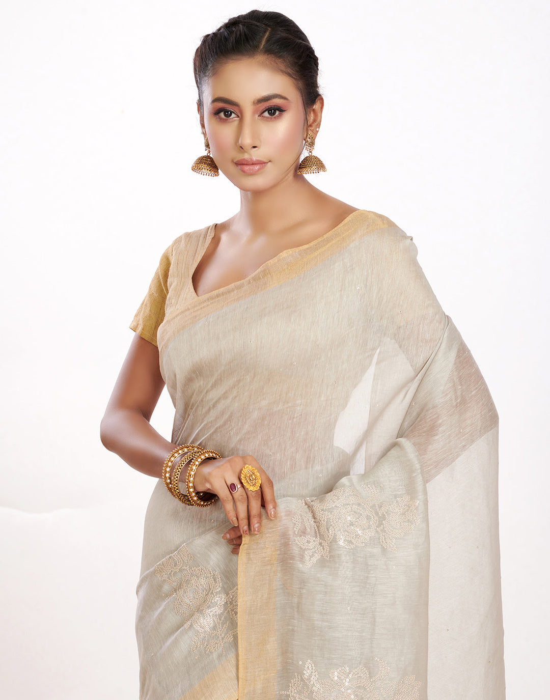 MBZ Meena Bazaar-Cotton Linen Saree With Embroidery