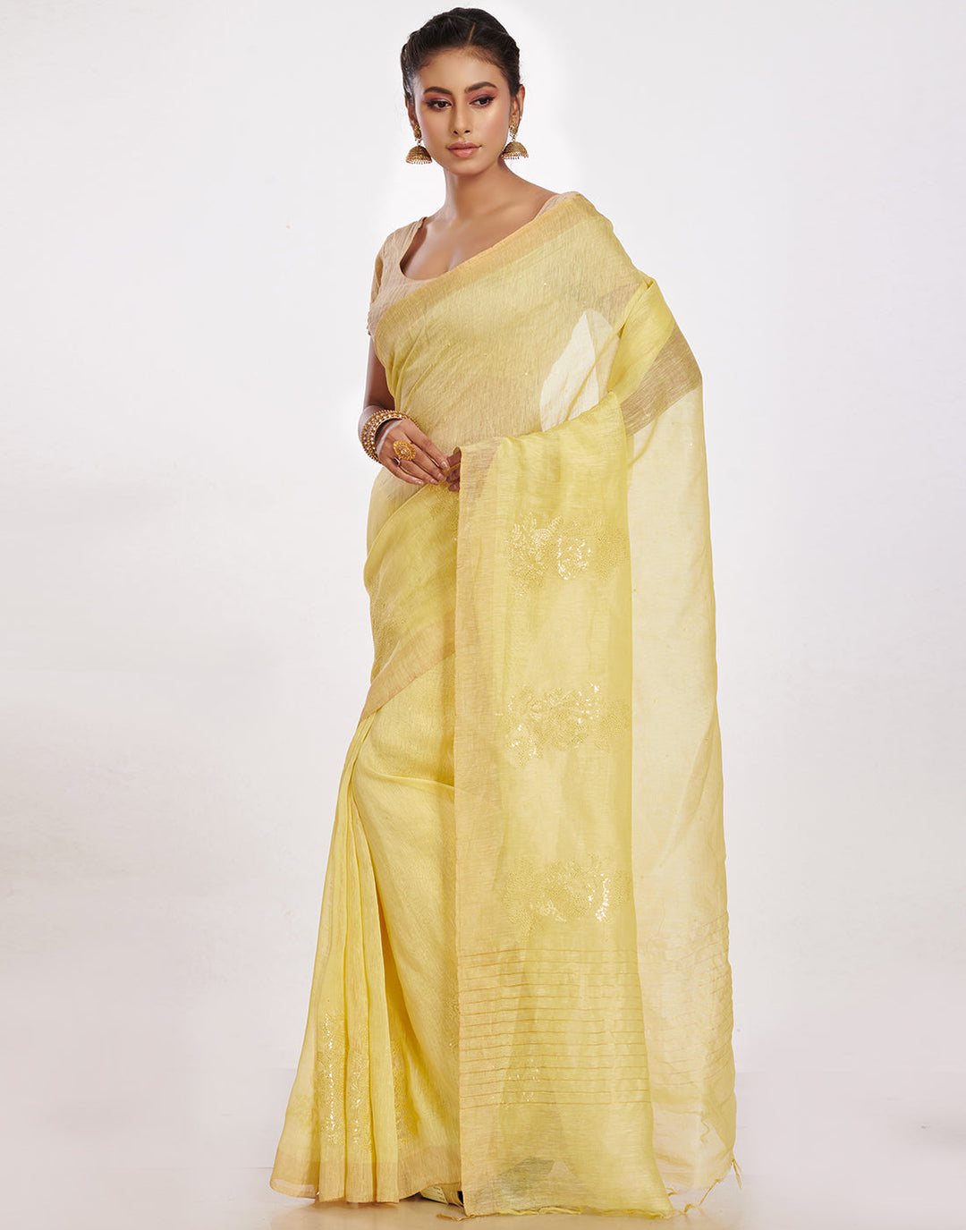 MBZ Meena Bazaar-Cotton Linen Saree With Embroidery
