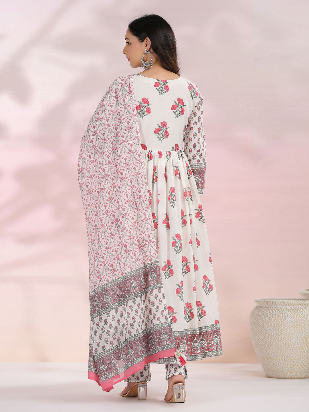 Floral Printed Cotton Kurta With Pants &amp; Dupatta