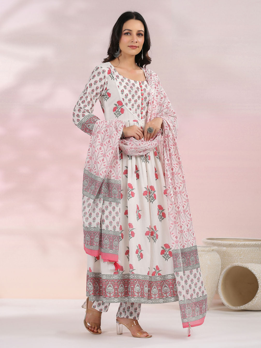 Floral Printed Cotton Kurta With Pants &amp; Dupatta