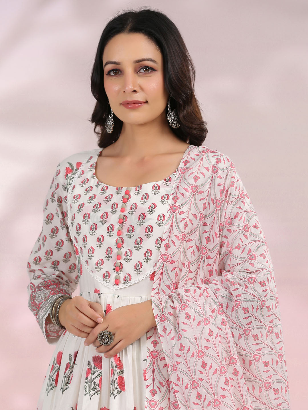 Floral Printed Cotton Kurta With Pants &amp; Dupatta
