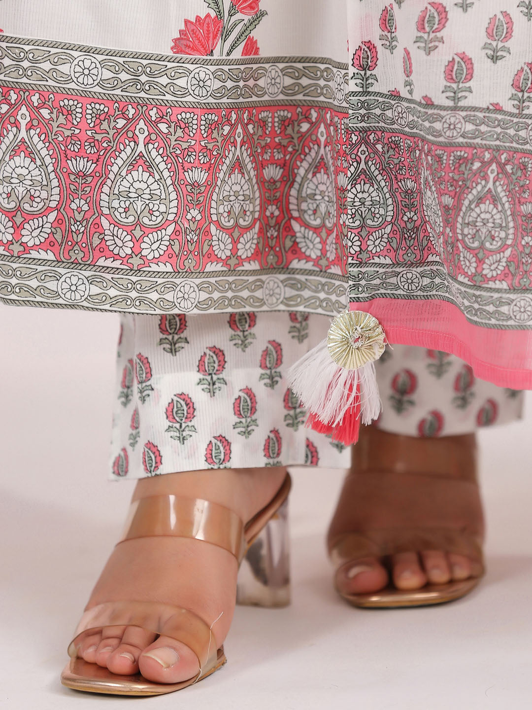 Floral Printed Cotton Kurta With Pants &amp; Dupatta