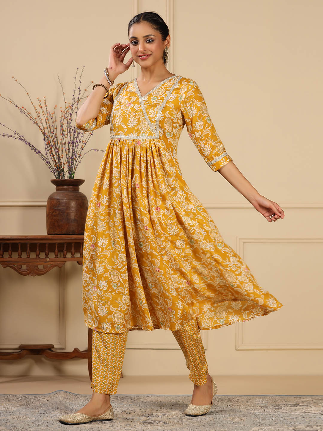 Floral Printed Muslin Anarkali Kurta Set