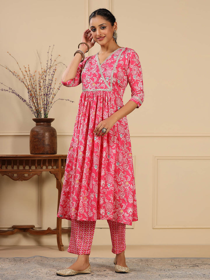 Floral Printed Muslin Anarkali Kurta Set