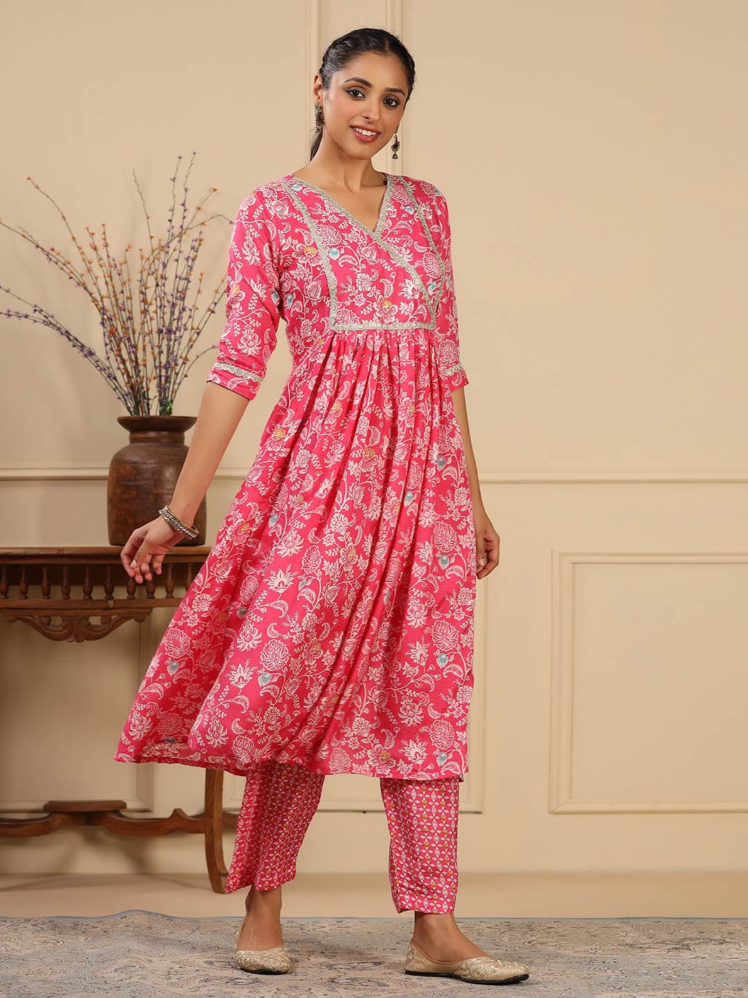 Floral Printed Muslin Anarkali Kurta Set