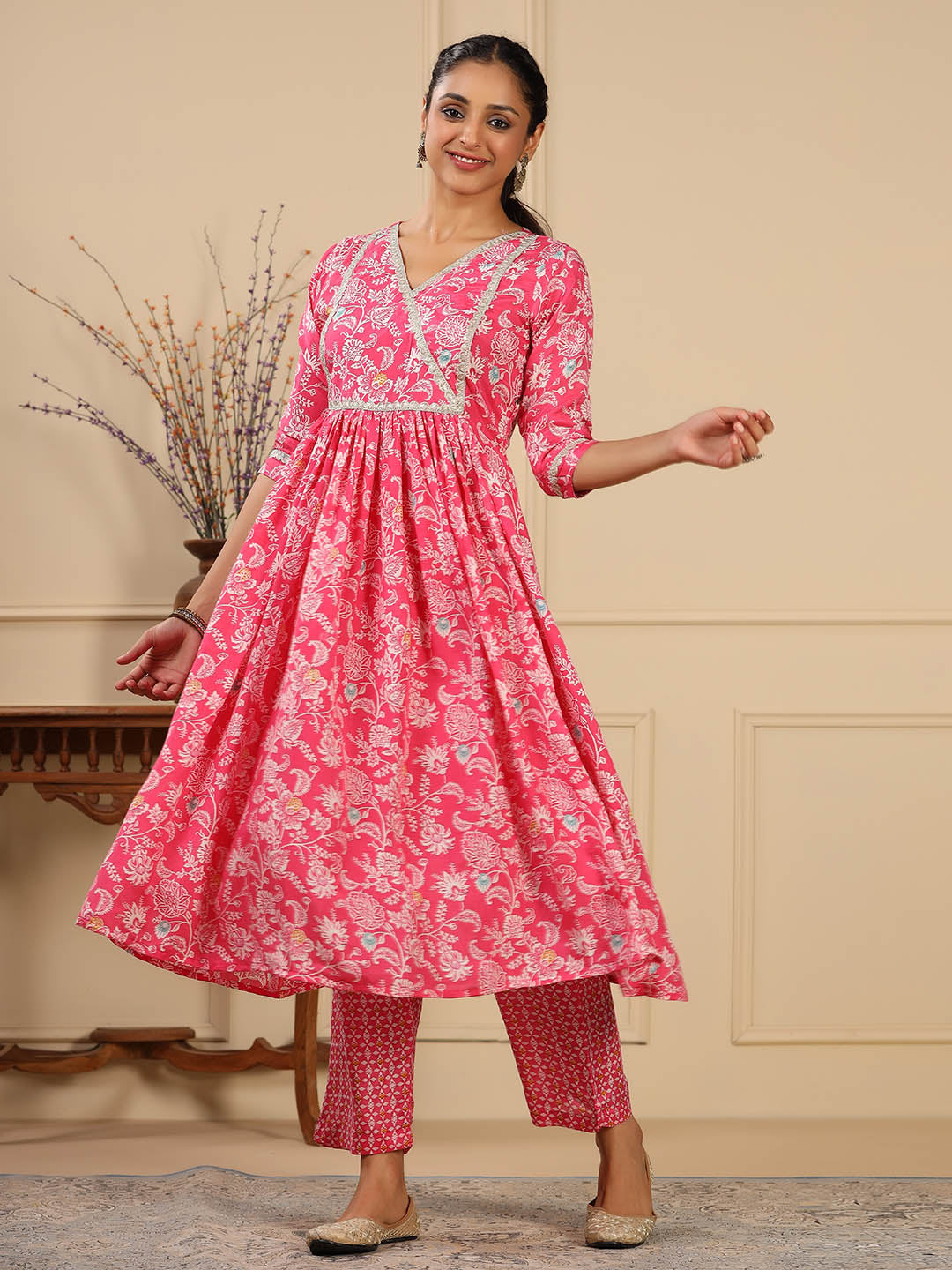 Floral Printed Muslin Anarkali Kurta Set