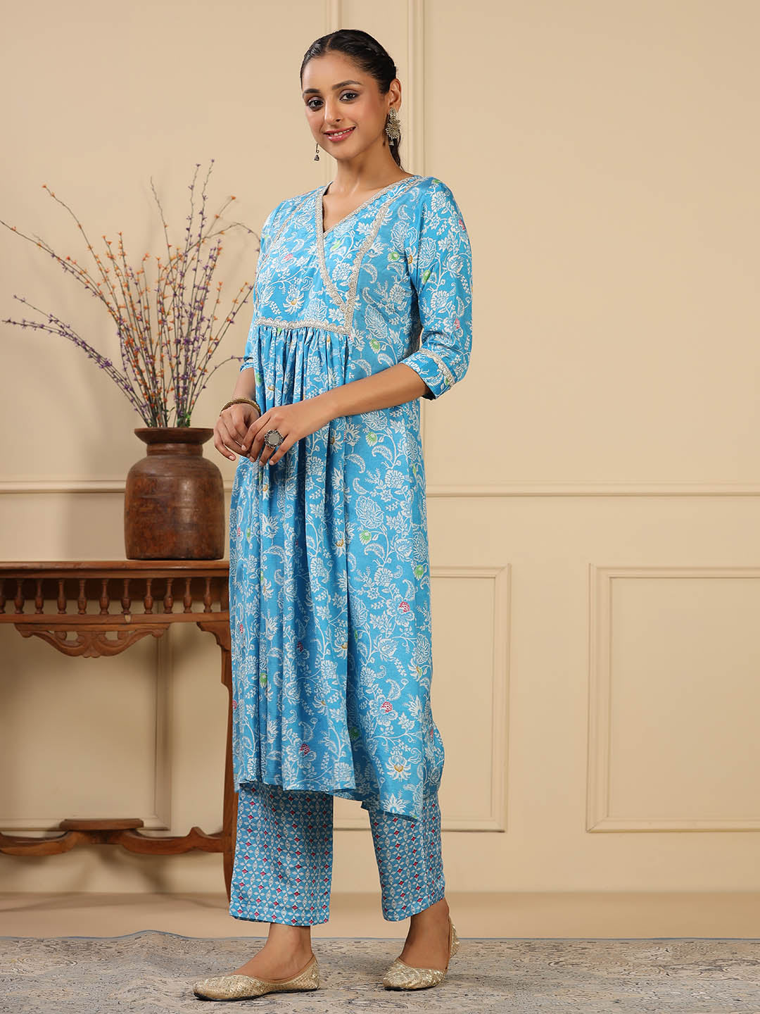 Floral Printed Muslin Anarkali Kurta Set