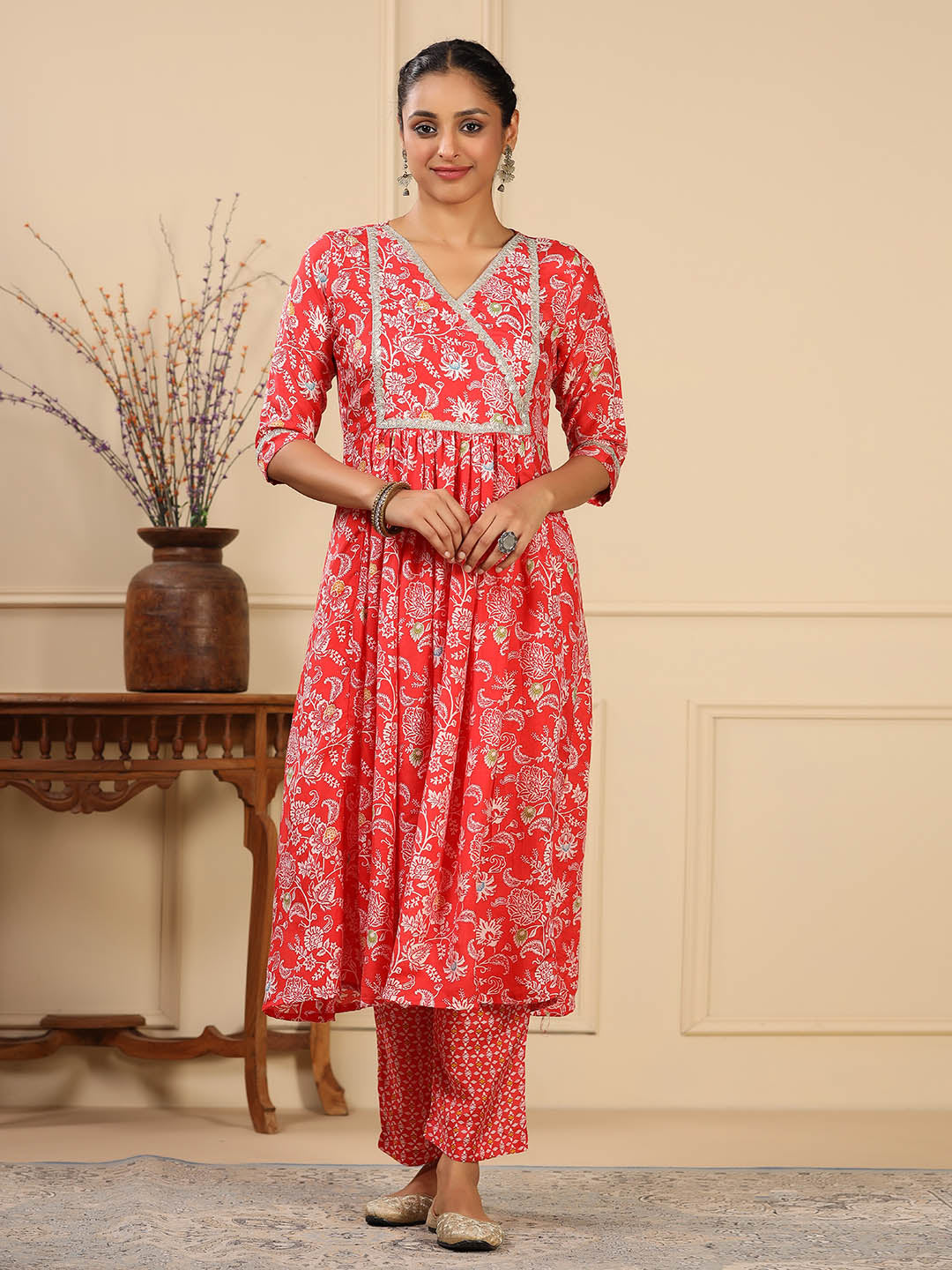 Floral Printed Muslin Anarkali Kurta Set