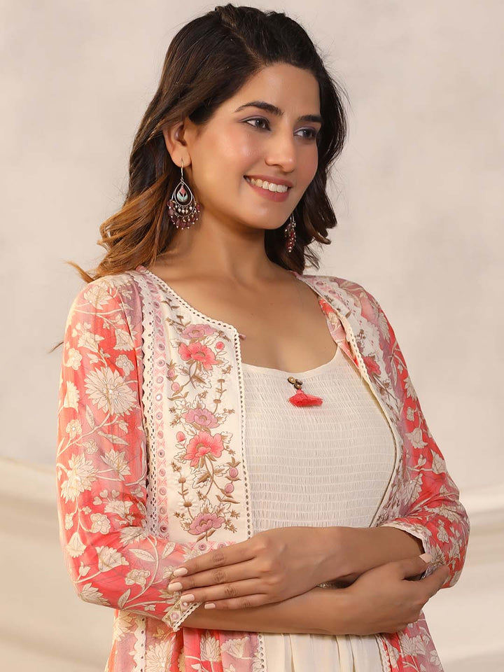 Floral Printed Cotton Gown With Jacket