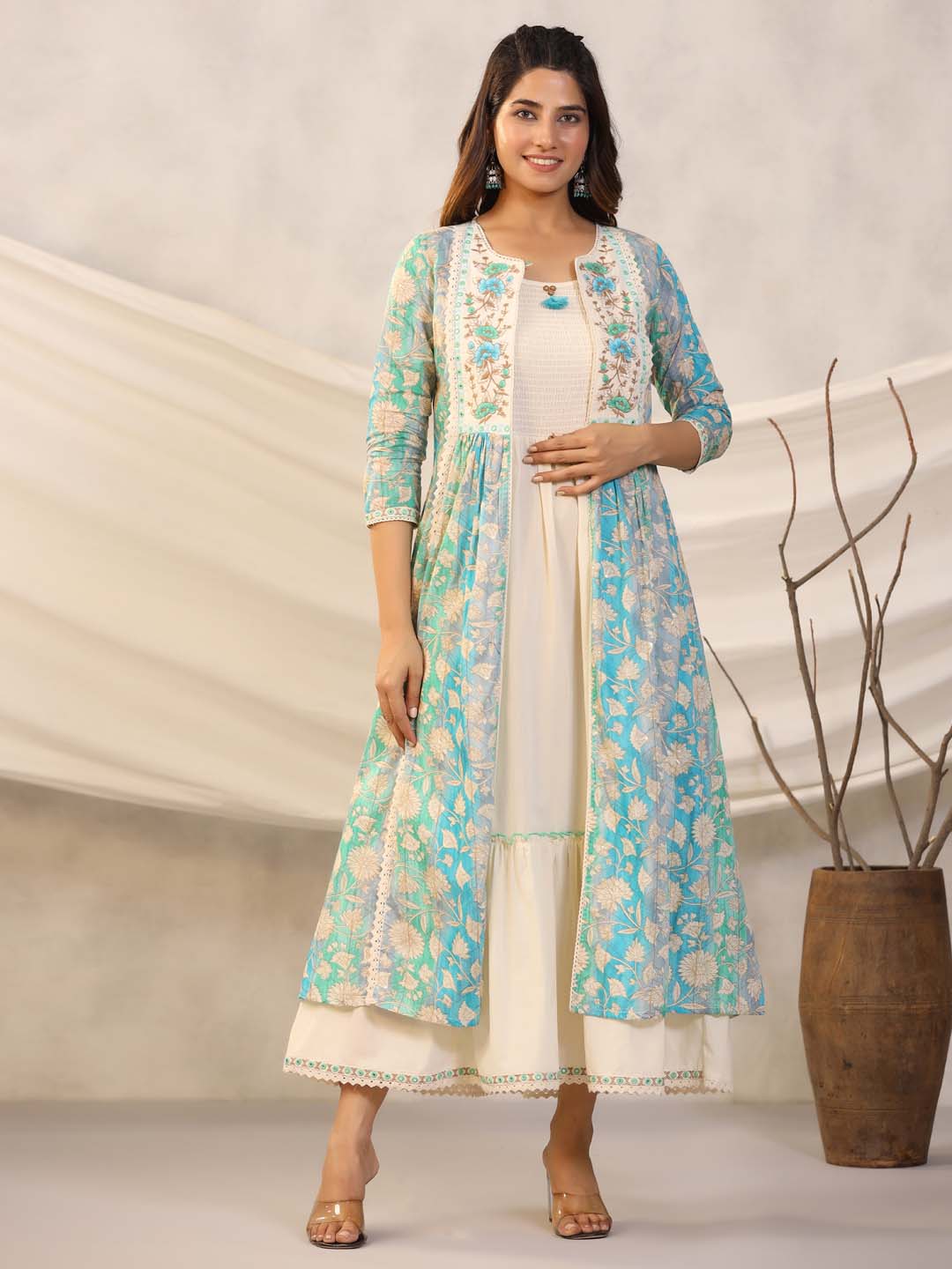 Floral Printed Cotton Gown With Jacket