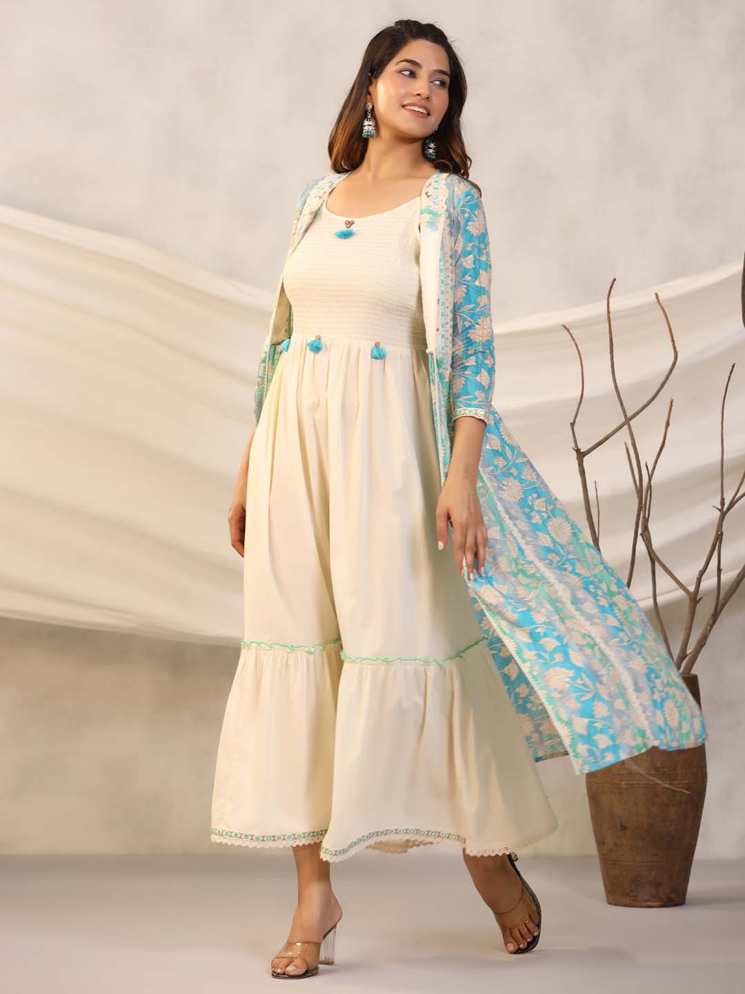 Floral Printed Cotton Gown With Jacket