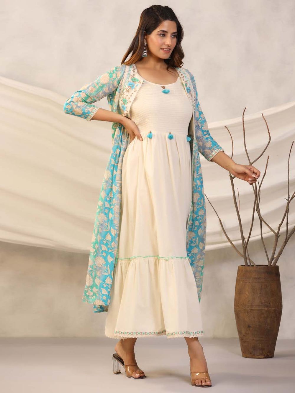 Floral Printed Cotton Gown With Jacket