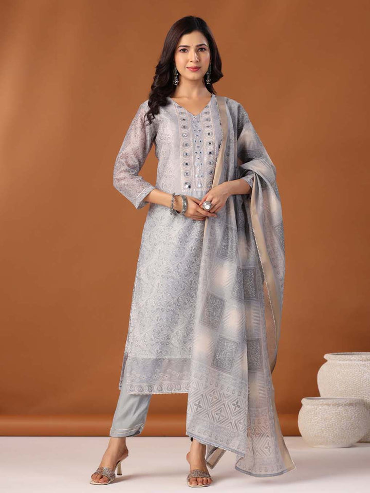 Printed Cotton Kurta With Pants &amp; Dupatta