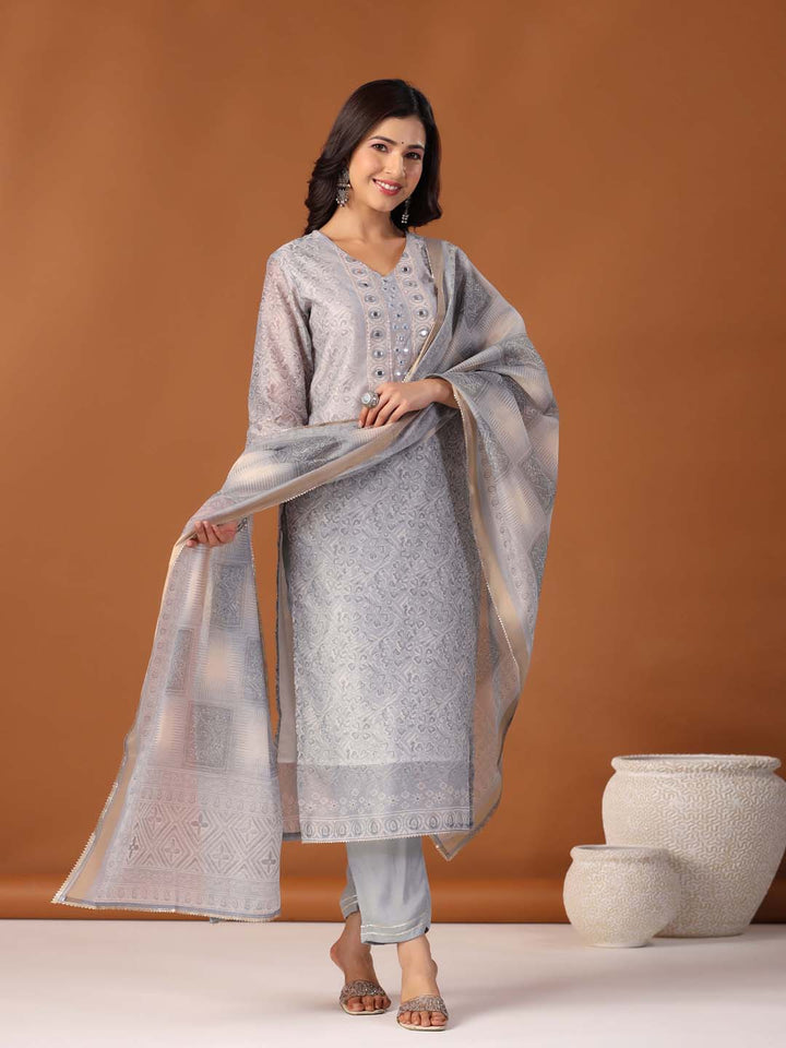 Printed Cotton Kurta With Pants &amp; Dupatta