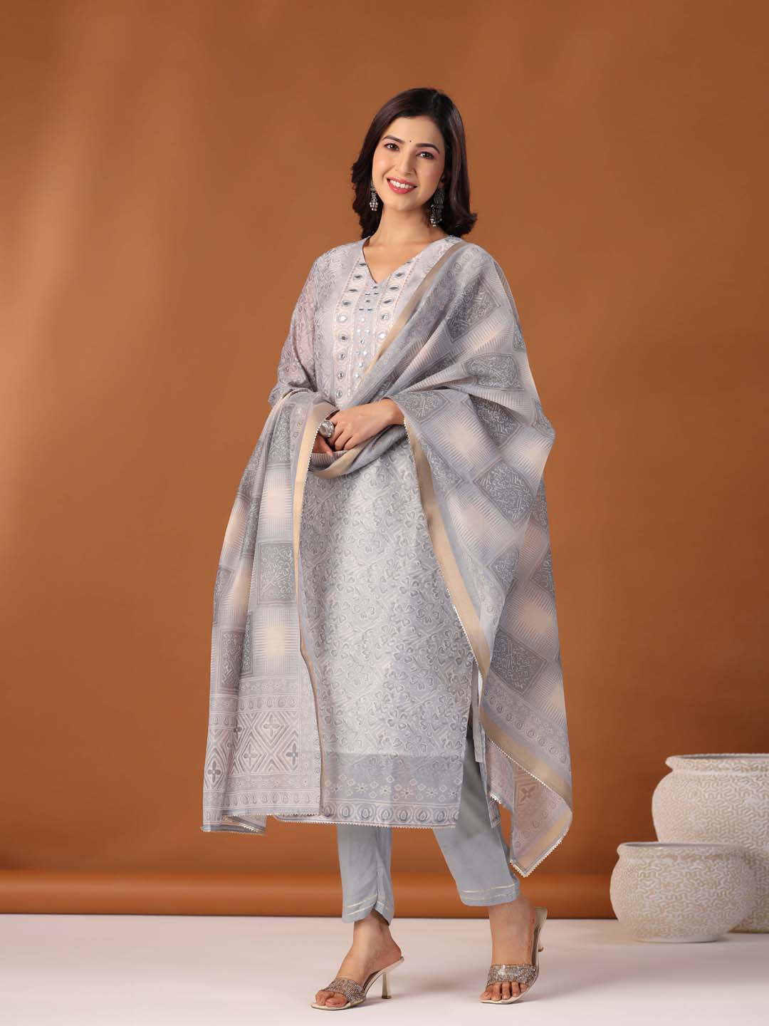Printed Cotton Kurta With Pants &amp; Dupatta