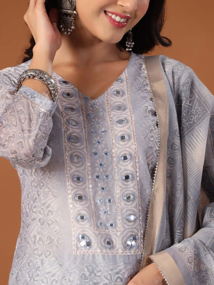 Printed Cotton Kurta With Pants &amp; Dupatta