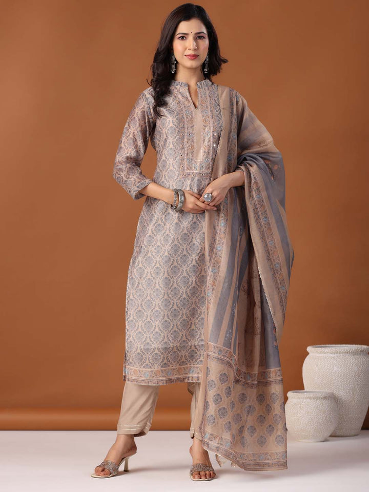 Printed Cotton Kurta With Pants &amp; Dupatta